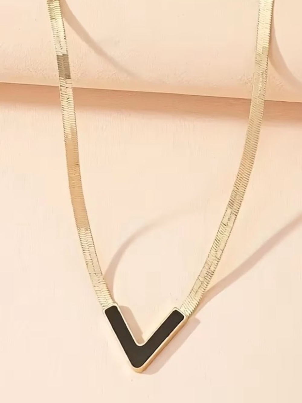 Gold Black Flat V-Shape Herringbone Necklace with Black Inlay - Women's Jewelry